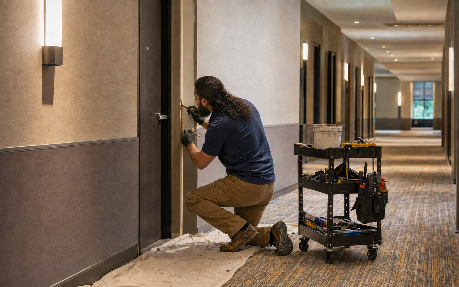 Contractor completing maintenance repairs in a clean hotel or commercial corridor