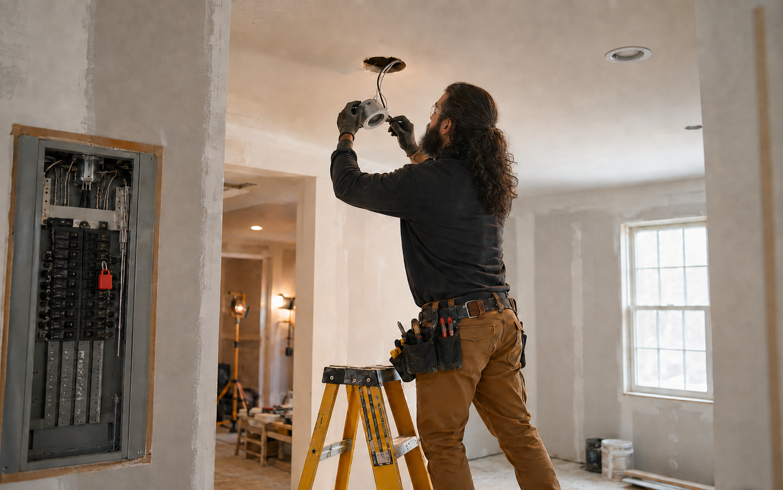 Electrician installing a recessed light and safely working on residential wiring
