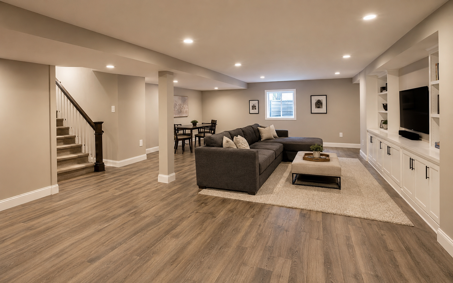 Newly finished basement with recessed lighting, flooring, drywall, and trim