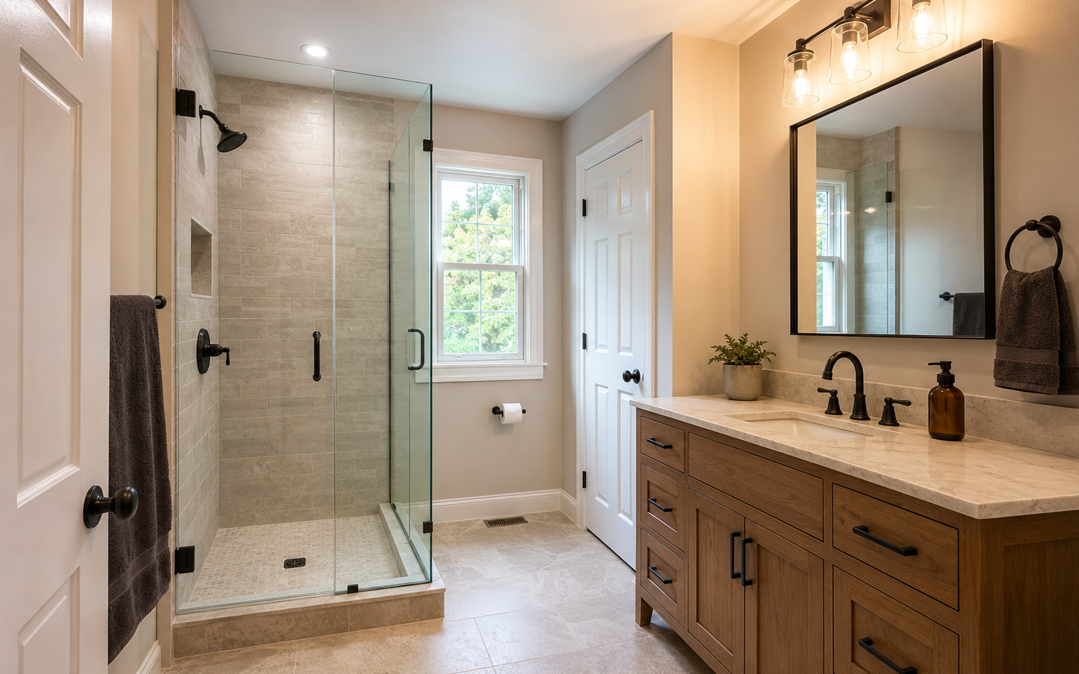 Completed bathroom remodel with tiled shower, vanity, lighting, and new flooring