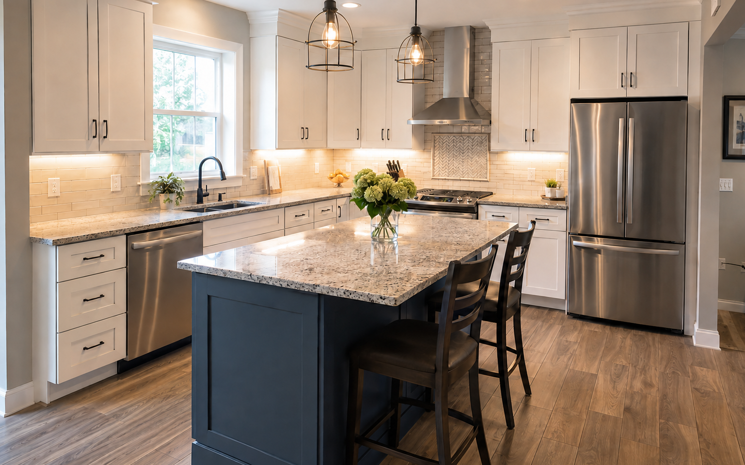 Completed kitchen remodel with new cabinets, counters, backsplash, island, and lighting