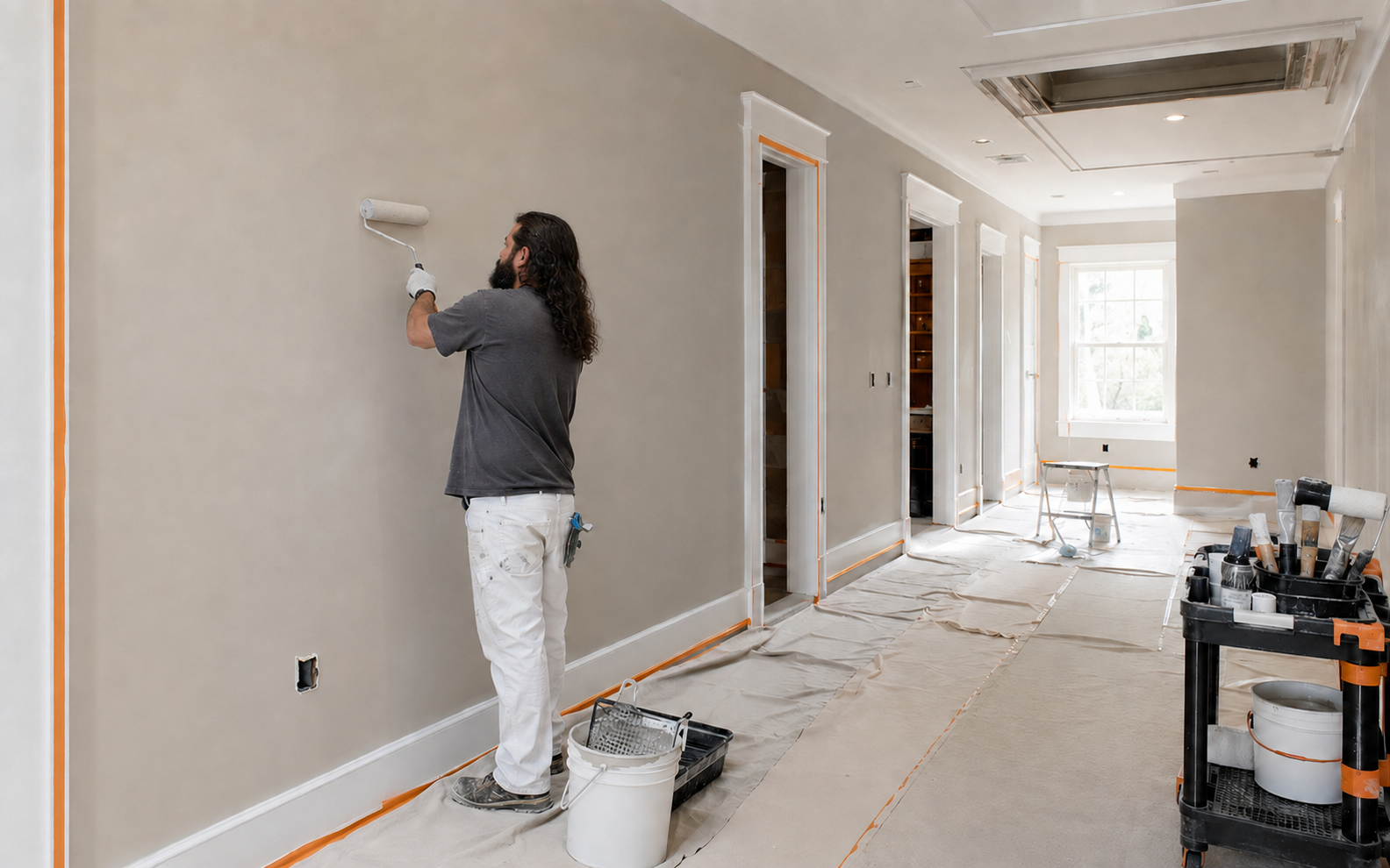 Professional painter applying a clean finish to an interior commercial wall