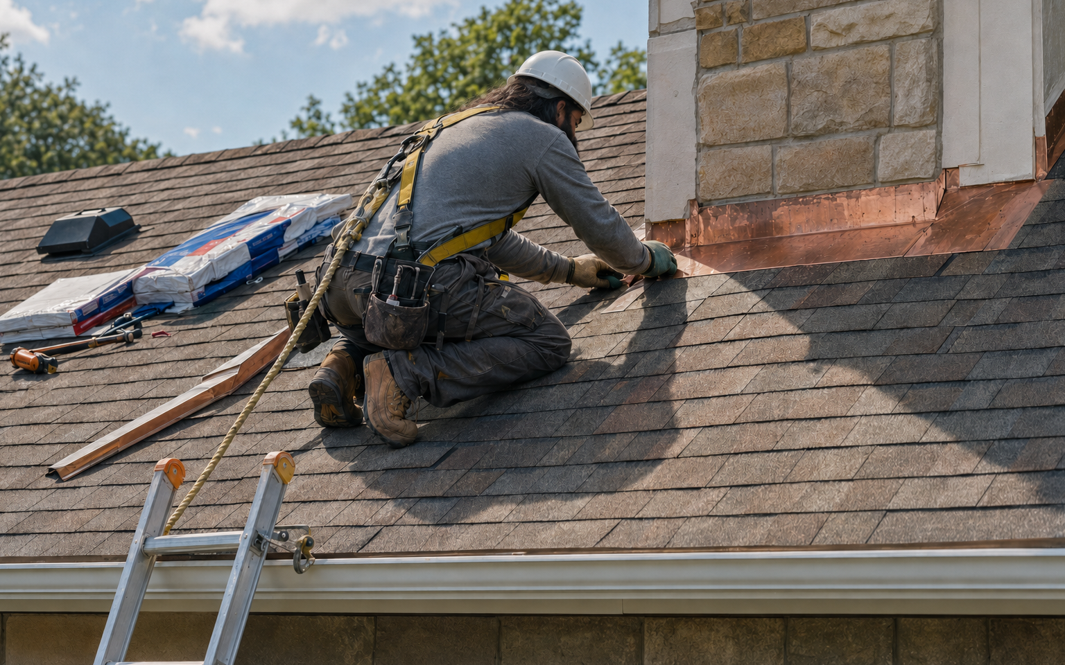 Roofing contractor installing asphalt shingles and flashing on a residential roof