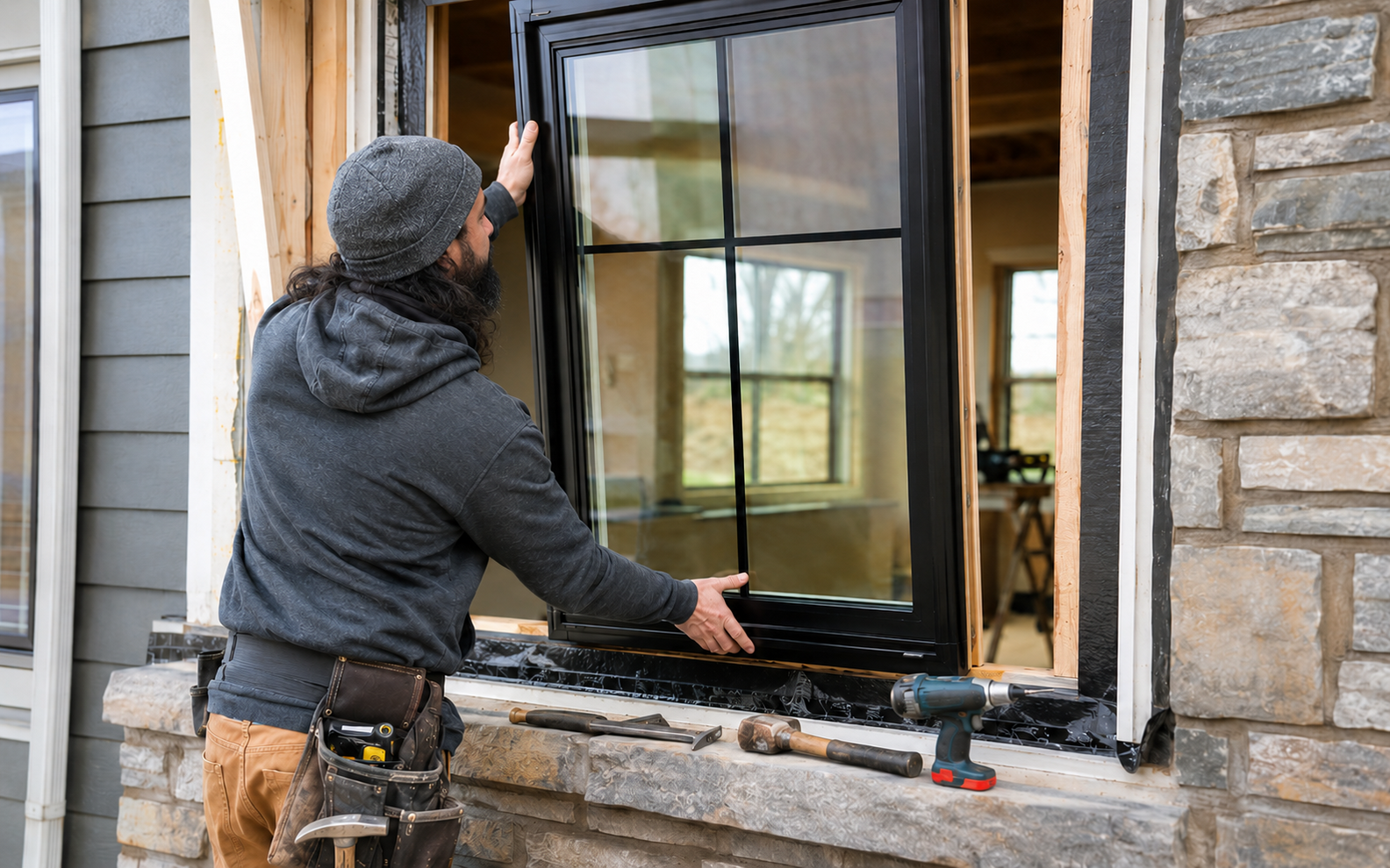 Contractor installing a new energy-efficient window in a residential building